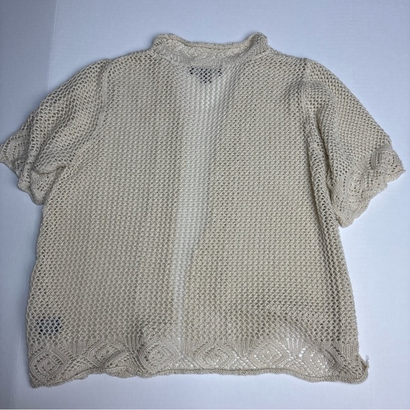 Perceptions Women XL Sweater Cream Knit Short Sleeve Open Front Crochet Acrylic - Picture 2 of 7